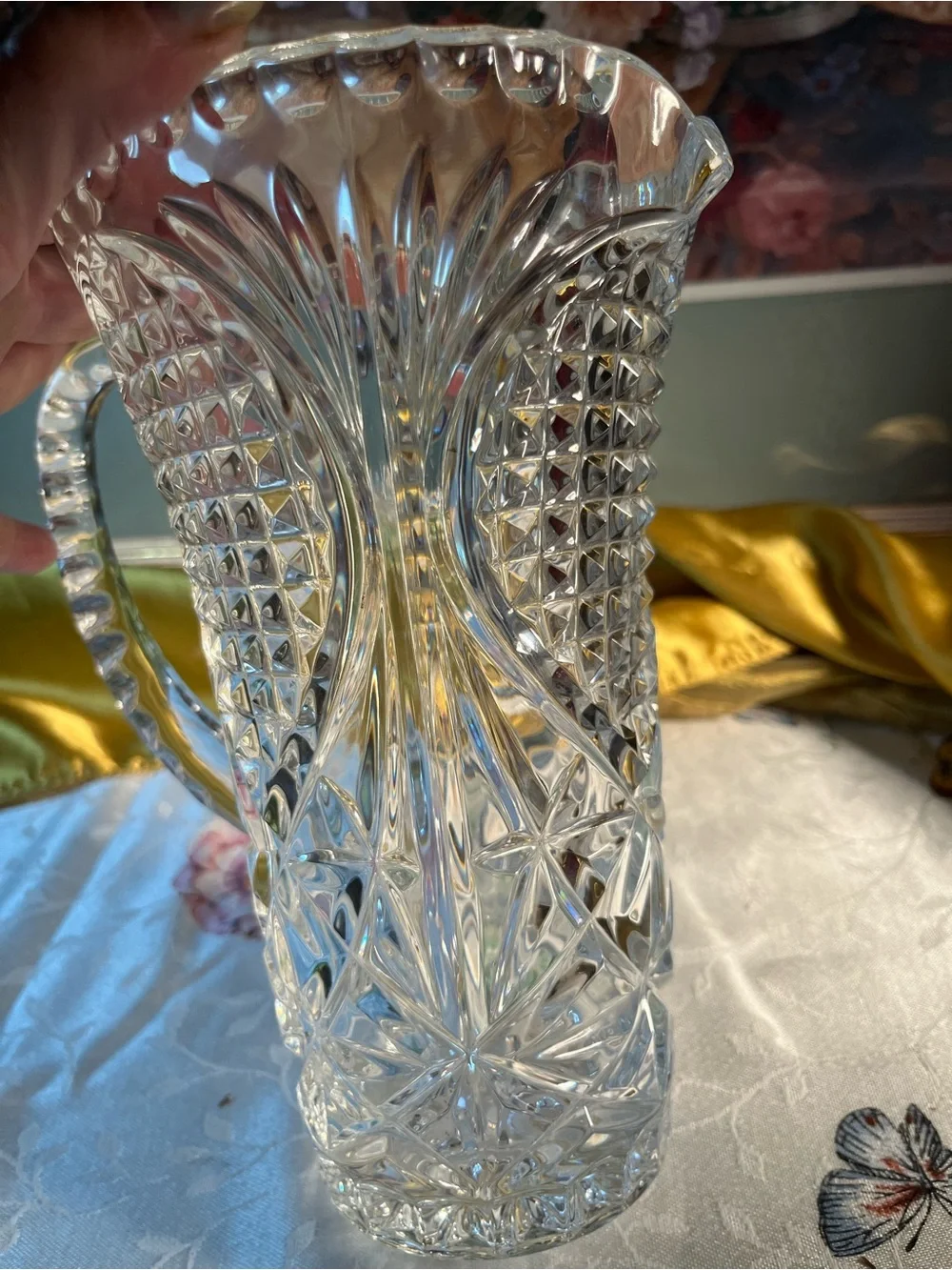 Crystal Cut Glass Pitcher - Clear Glass Beverage Server